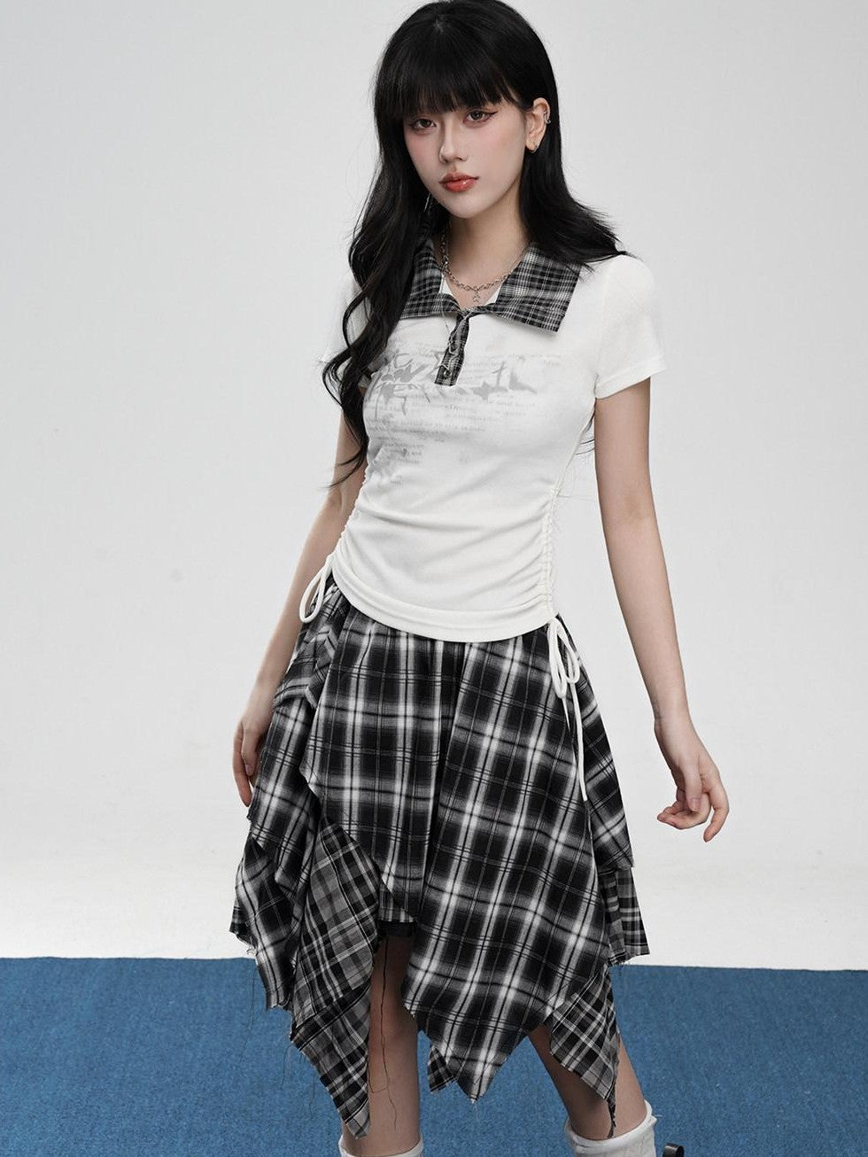 VEEMIX Drawstring Faux Layered Letter Print Polo Women's Nylon Slim T-shirts