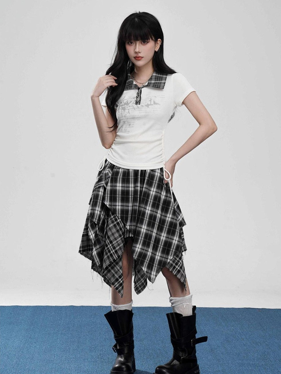 VEEMIX Drawstring Faux Layered Letter Print Polo Women's Nylon Slim T-shirts