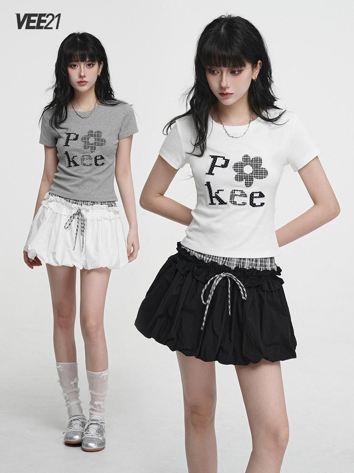 VEEMIX Embroidered Floral And Letter Cropped Women's Cotton Stretch Slim T-shirts