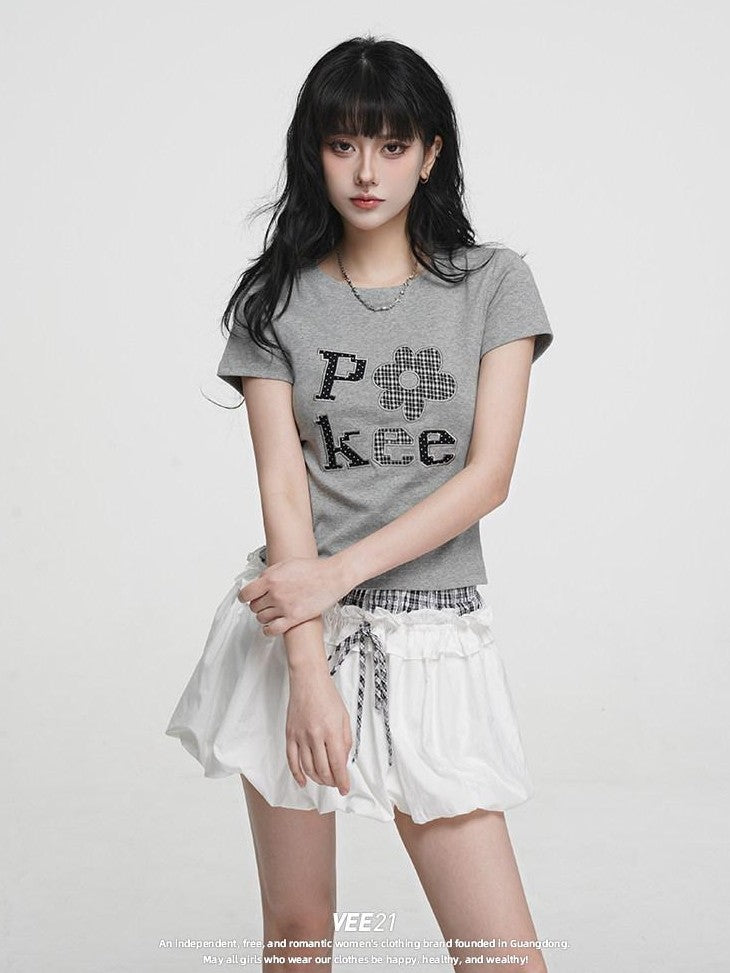 VEEMIX Embroidered Floral And Letter Cropped Women's Cotton Stretch Slim T-shirts