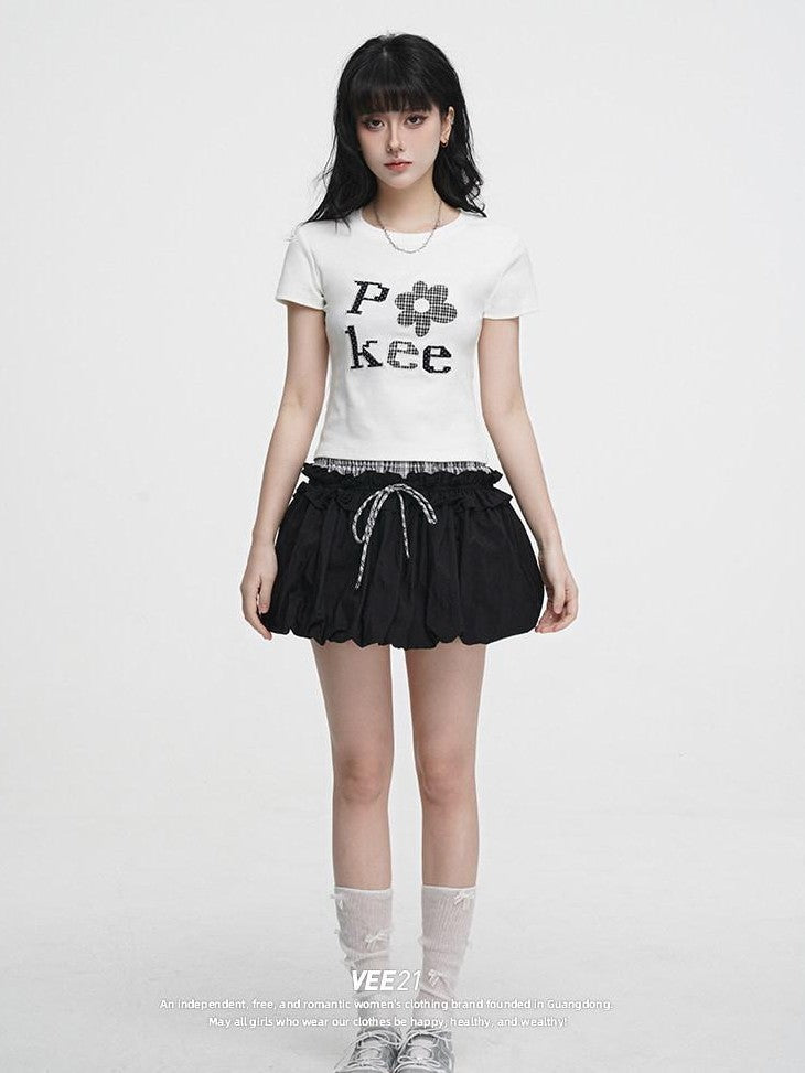 VEEMIX Embroidered Floral And Letter Cropped Women's Cotton Stretch Slim T-shirts