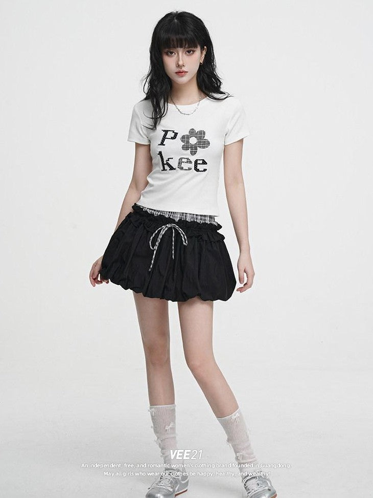VEEMIX Embroidered Floral And Letter Cropped Women's Cotton Stretch Slim T-shirts