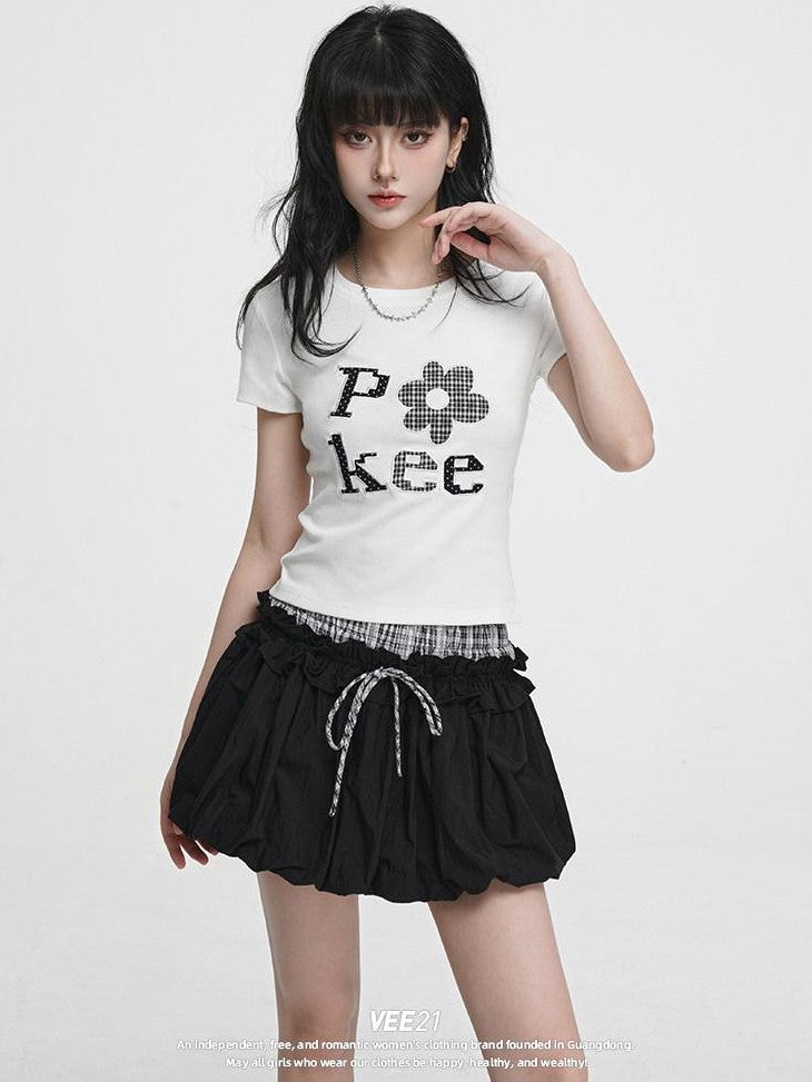 VEEMIX Embroidered Floral And Letter Cropped Women's Cotton Stretch Slim T-shirts