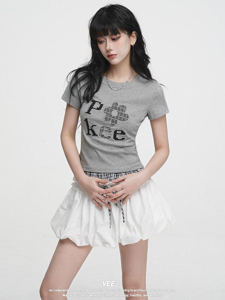 VEEMIX Embroidered Floral And Letter Cropped Women's Cotton Stretch Slim T-shirts