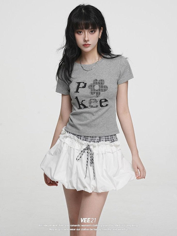 VEEMIX Embroidered Floral And Letter Cropped Women's Cotton Stretch Slim T-shirts