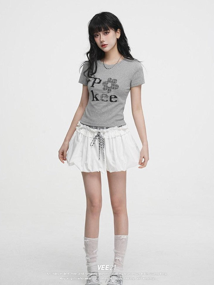 VEEMIX Embroidered Floral And Letter Cropped Women's Cotton Stretch Slim T-shirts