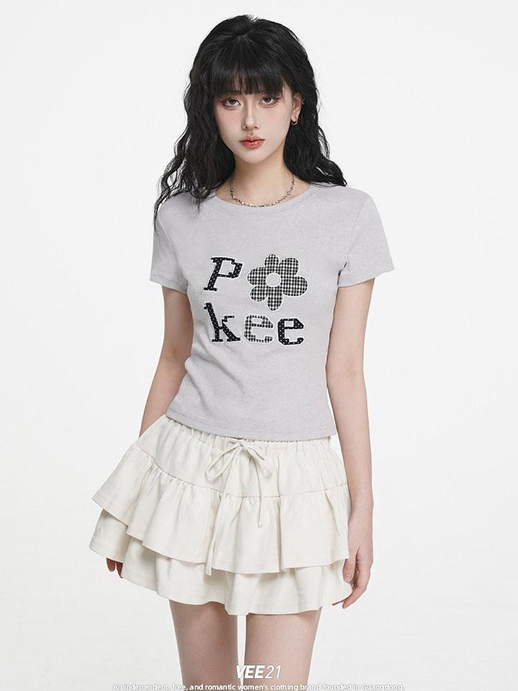 VEEMIX Embroidered Floral And Letter Cropped Women's Cotton Stretch Slim T-shirts