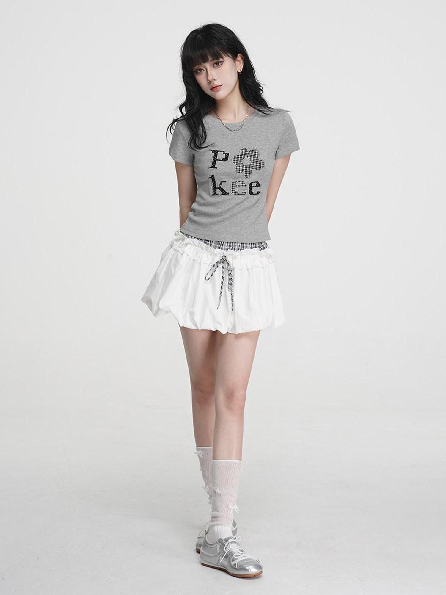 VEEMIX Embroidered Floral And Letter Cropped Women's Cotton Stretch Slim T-shirts
