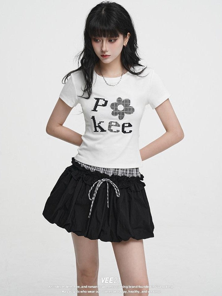 VEEMIX Embroidered Floral And Letter Cropped Women's Cotton Stretch Slim T-shirts