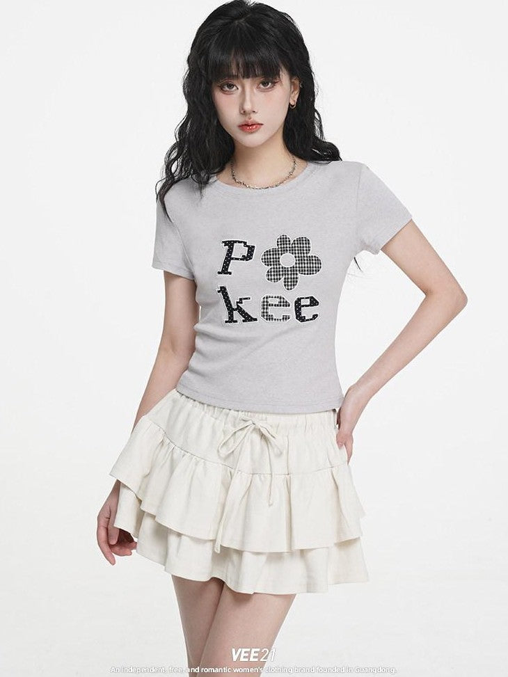 VEEMIX Embroidered Floral And Letter Cropped Women's Cotton Stretch Slim T-shirts