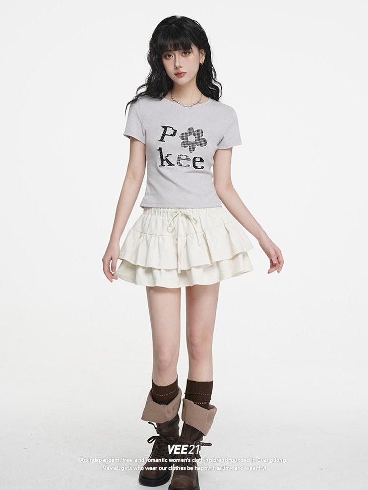 VEEMIX Embroidered Floral And Letter Cropped Women's Cotton Stretch Slim T-shirts