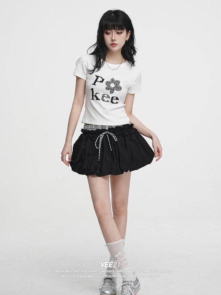 VEEMIX Embroidered Floral And Letter Cropped Women's Cotton Stretch Slim T-shirts