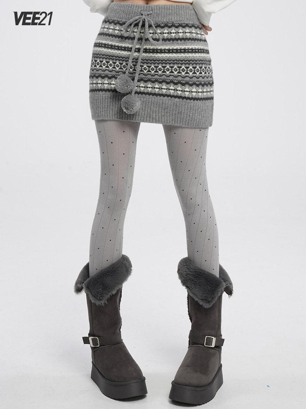 VEEMIX Fair Isle Gray Pom Pom Tie Bodycon Knit Women's Acrylic Mini Skirts
