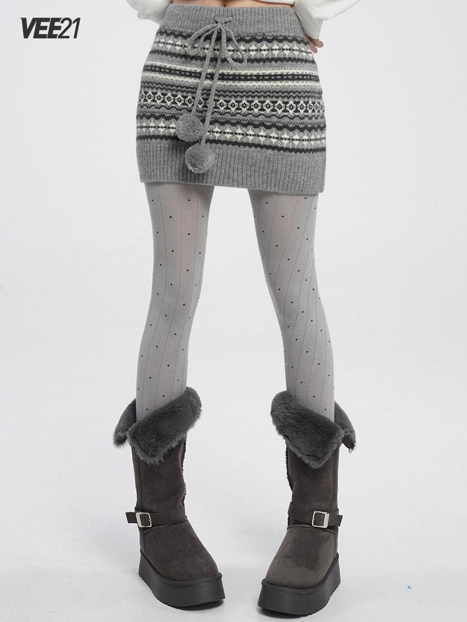 VEEMIX Fair Isle Gray Pom Pom Tie Bodycon Knit Women's Acrylic Mini Skirts