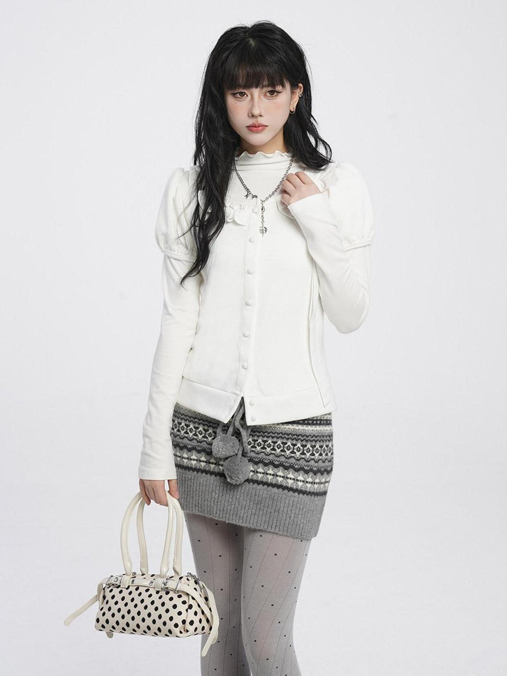 VEEMIX Fair Isle Gray Pom Pom Tie Bodycon Knit Women's Acrylic Mini Skirts
