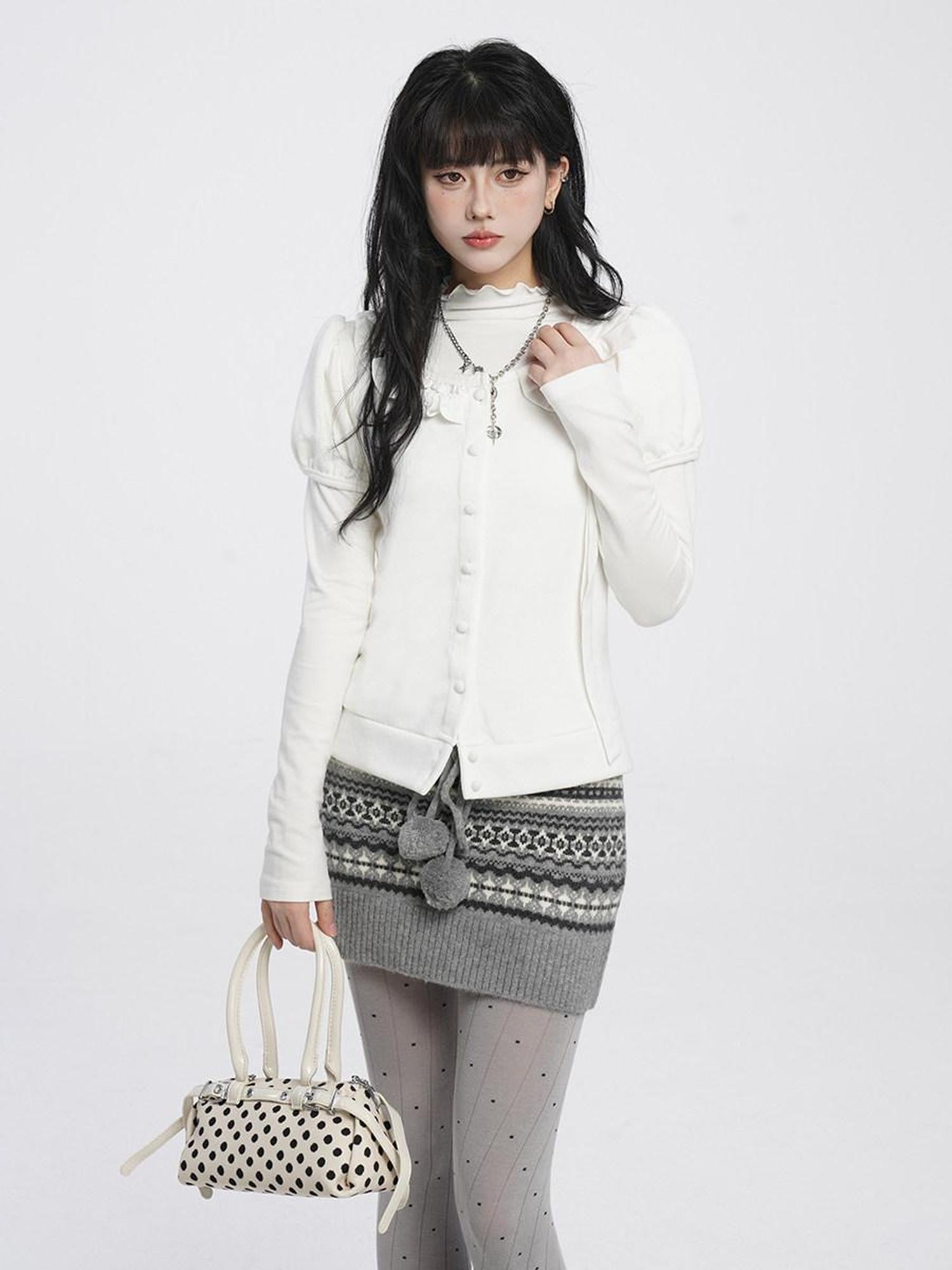 VEEMIX Fair Isle Gray Pom Pom Tie Bodycon Knit Women's Acrylic Mini Skirts