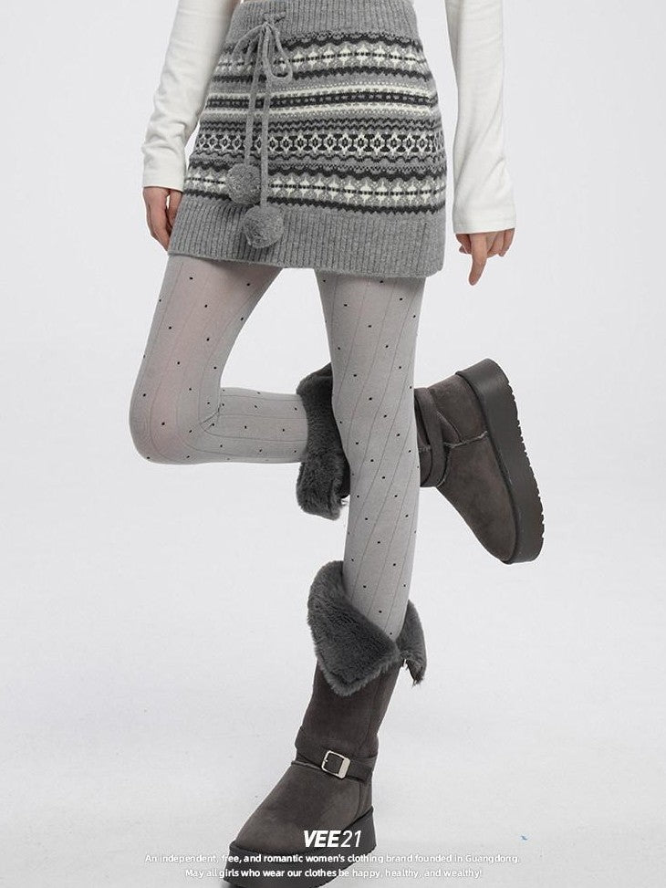 VEEMIX Fair Isle Gray Pom Pom Tie Bodycon Knit Women's Acrylic Mini Skirts