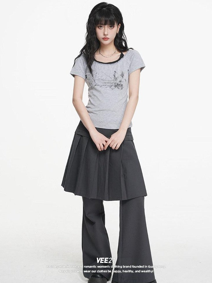 VEEMIX Faux Two Piece Micro Flare Pleated Women's Rayon Blend Skorts