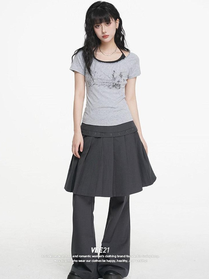 VEEMIX Faux Two Piece Micro Flare Pleated Women's Rayon Blend Skorts