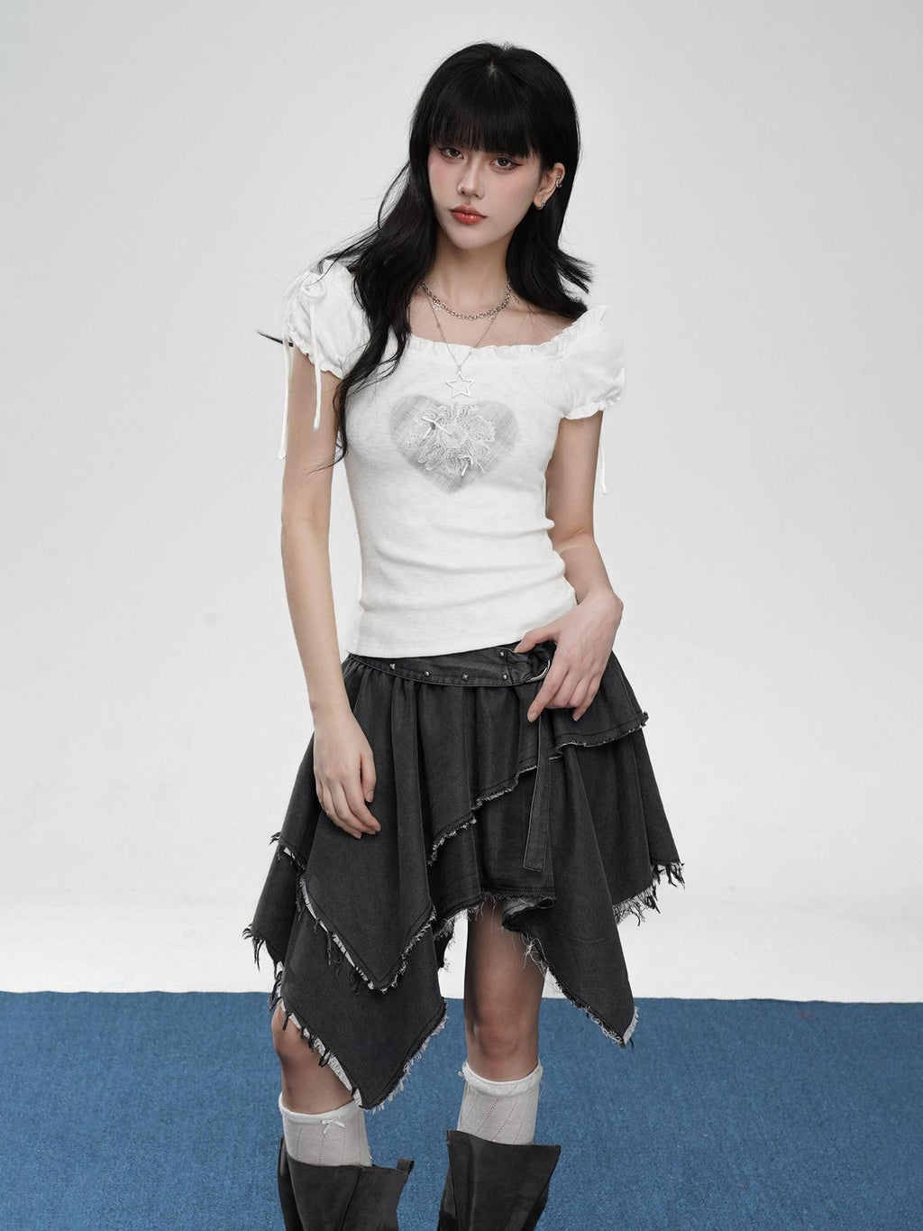VEEMIX Floral Heart Print Puff Sleeve Ruffle Collar Women's Rayon Short Sleeve T-shirts