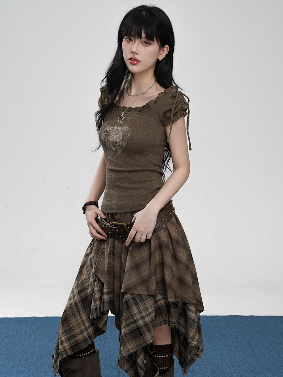 VEEMIX Floral Heart Print Puff Sleeve Ruffle Collar Women's Rayon Short Sleeve T-shirts