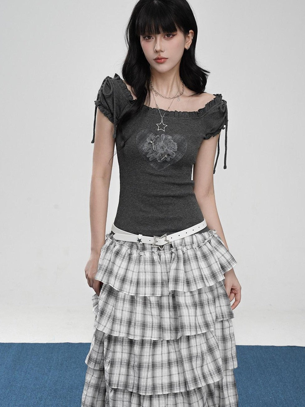 VEEMIX Floral Heart Print Puff Sleeve Ruffle Collar Women's Rayon Short Sleeve T-shirts