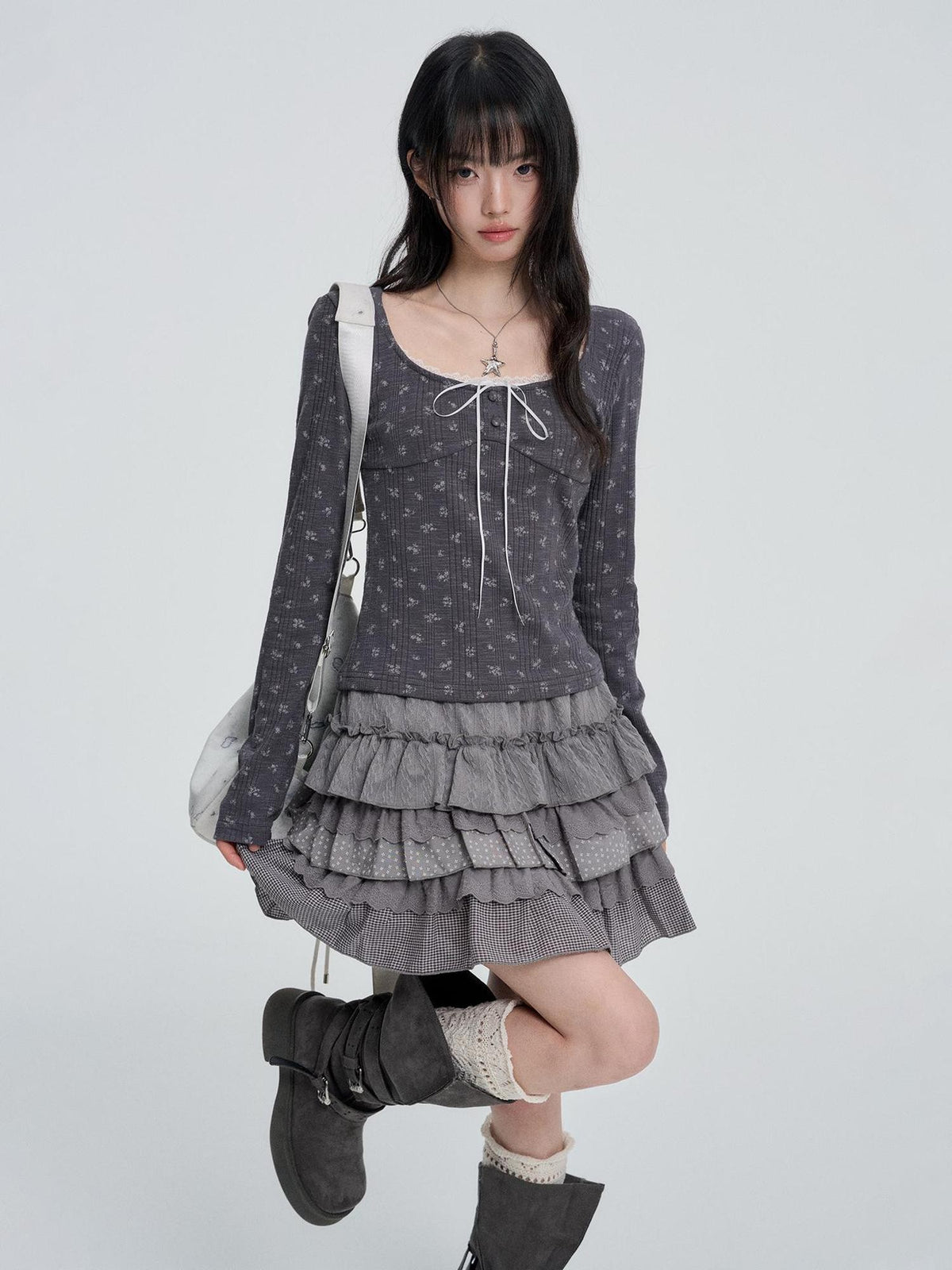 VEEMIX Floral Lace Fake Two Piece Women's Polyester Cotton Long Sleeve T-shirts