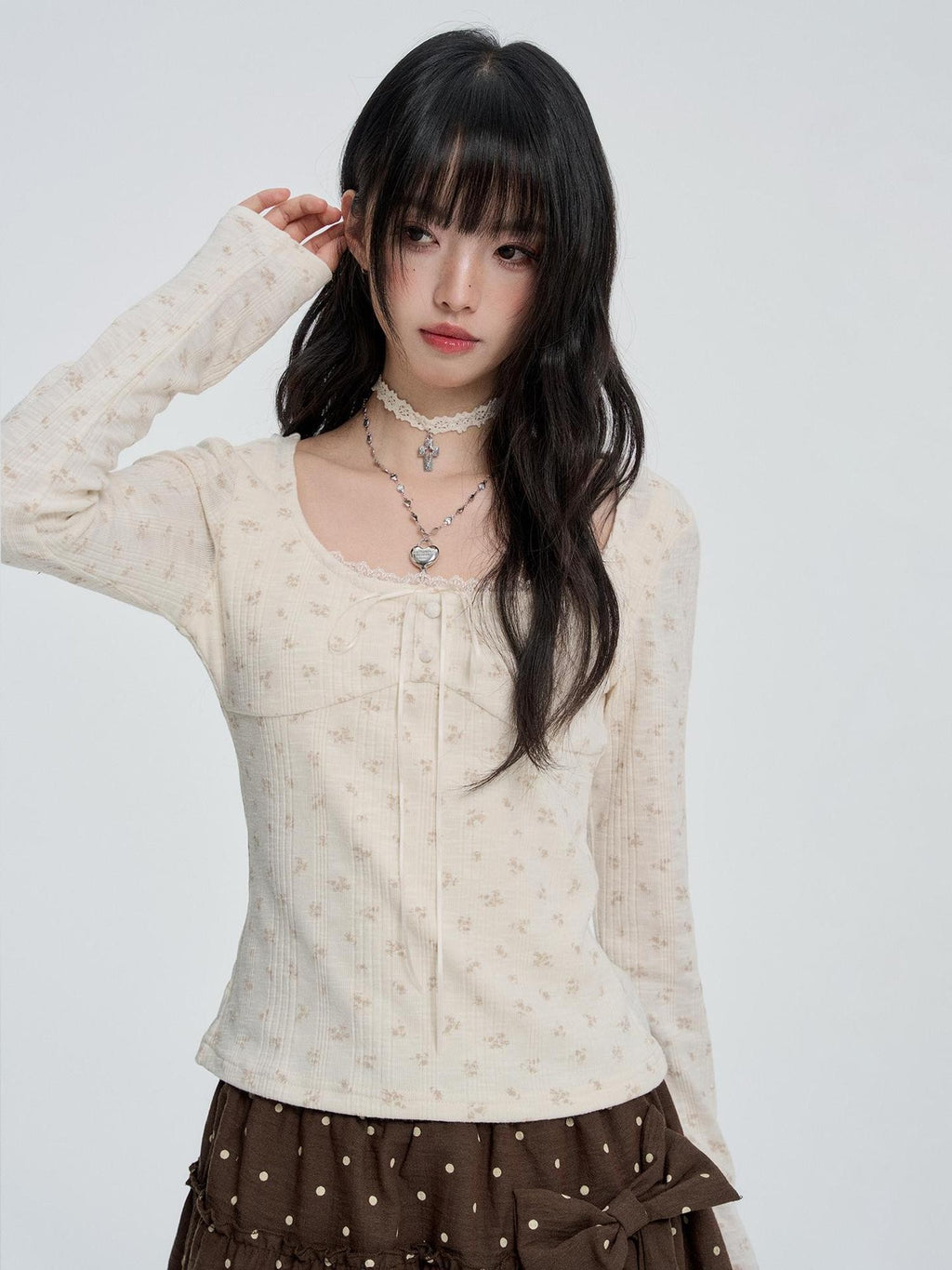 VEEMIX Floral Lace Fake Two Piece Women's Polyester Cotton Long Sleeve T-shirts