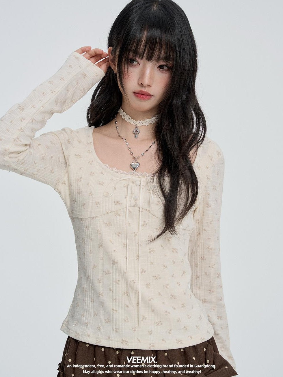 VEEMIX Floral Lace Fake Two Piece Women's Polyester Cotton Long Sleeve T-shirts