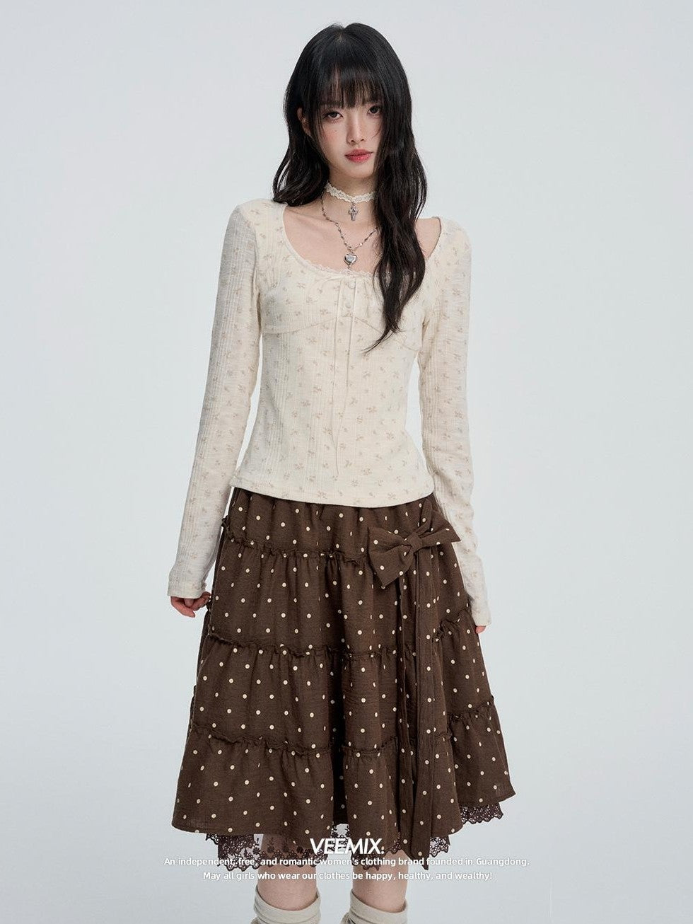 VEEMIX Floral Lace Fake Two Piece Women's Polyester Cotton Long Sleeve T-shirts