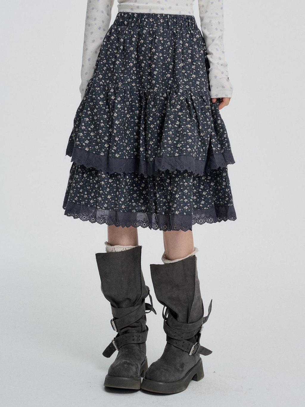 VEEMIX Floral Tiered High Waist Cotton Blend Women's Midi Skirts