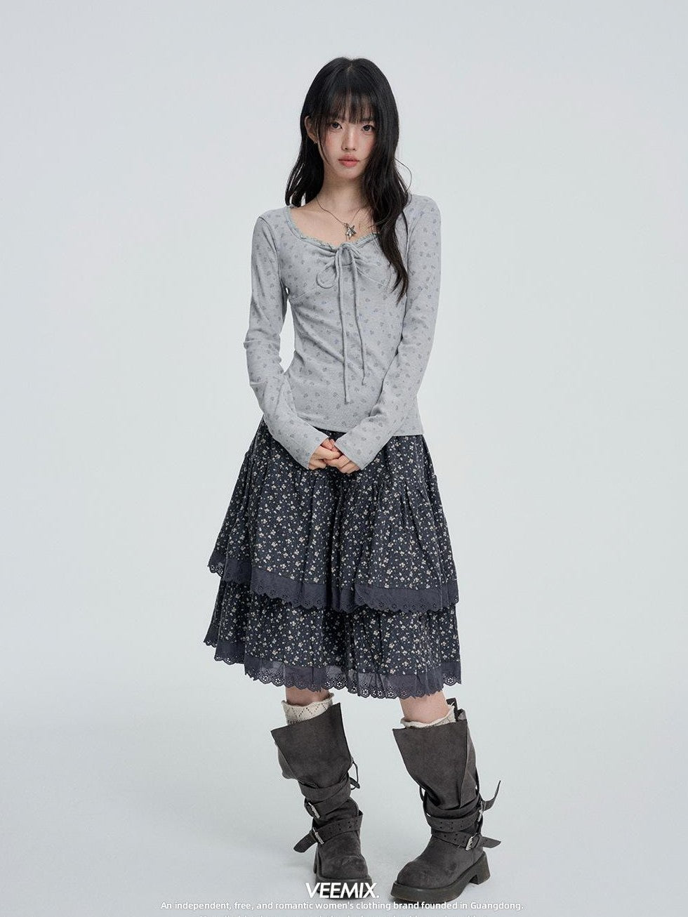 VEEMIX Floral Tiered High Waist Cotton Blend Women's Midi Skirts
