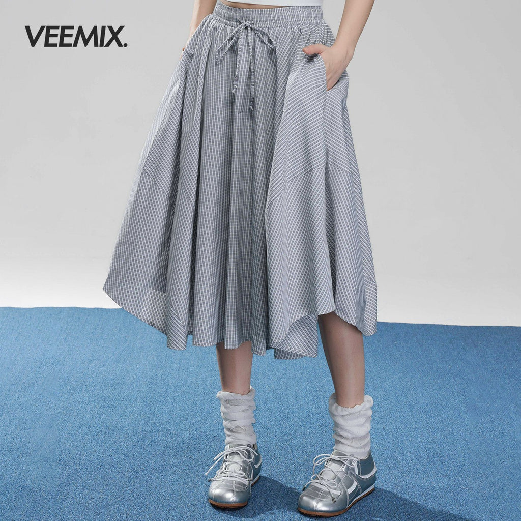 VEEMIX_Fog_Blue_Fine_Check_A_Line_High_Waist_Elastic_Women's_Viscose_Midi_Skirts_1047455811539_MISSTT