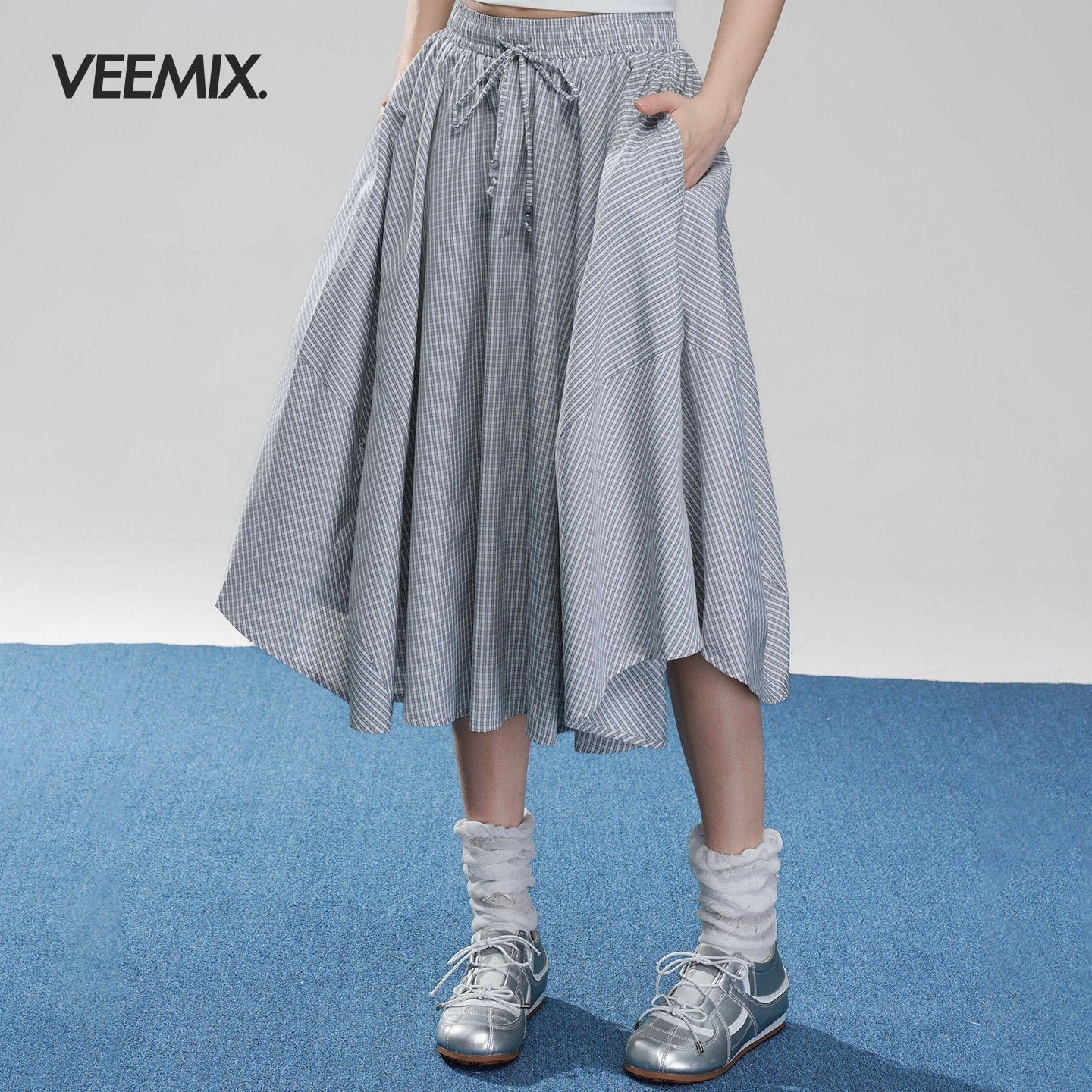 VEEMIX_Fog_Blue_Fine_Check_A_Line_High_Waist_Elastic_Women's_Viscose_Midi_Skirts_1047455811539_MISSTT