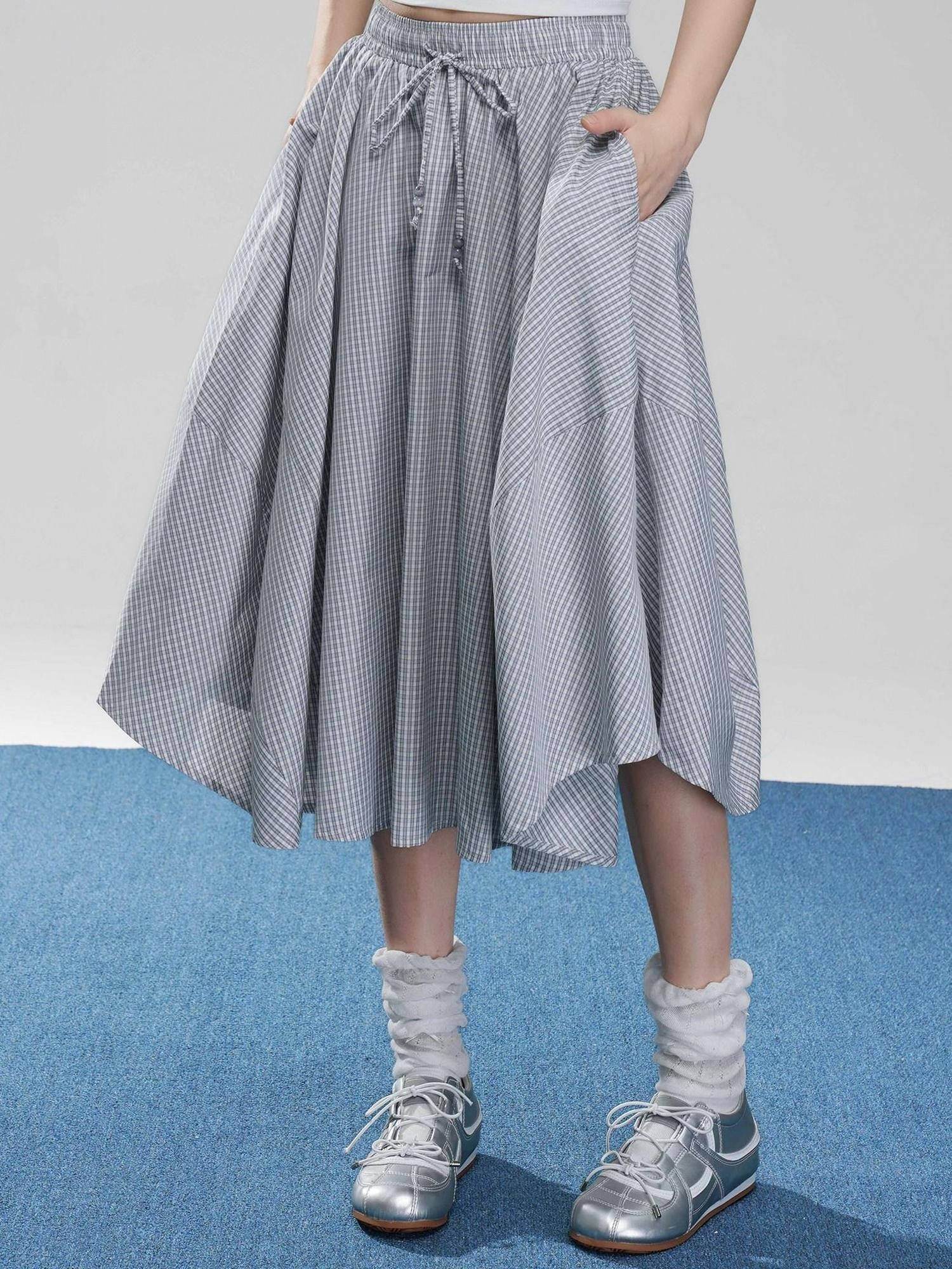 VEEMIX Fog Blue Fine Check A Line High Waist Elastic Women's Viscose Midi Skirts
