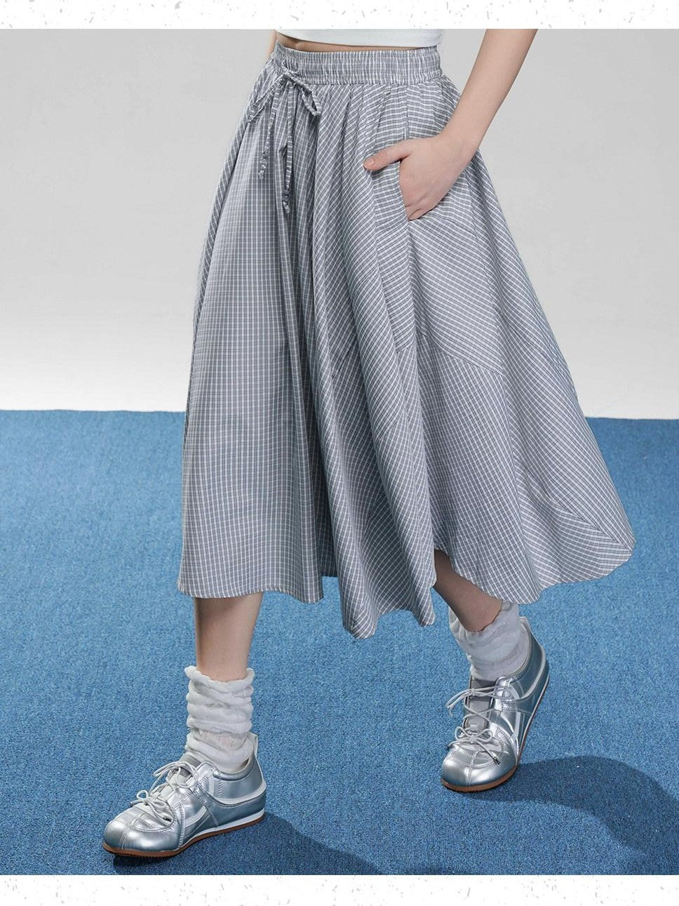 VEEMIX Fog Blue Fine Check A Line High Waist Elastic Women's Viscose Midi Skirts