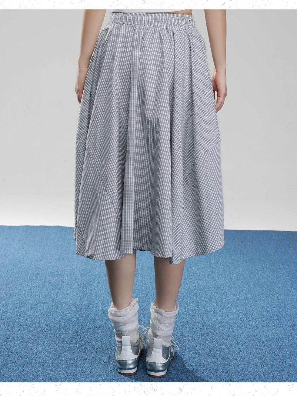 VEEMIX Fog Blue Fine Check A Line High Waist Elastic Women's Viscose Midi Skirts