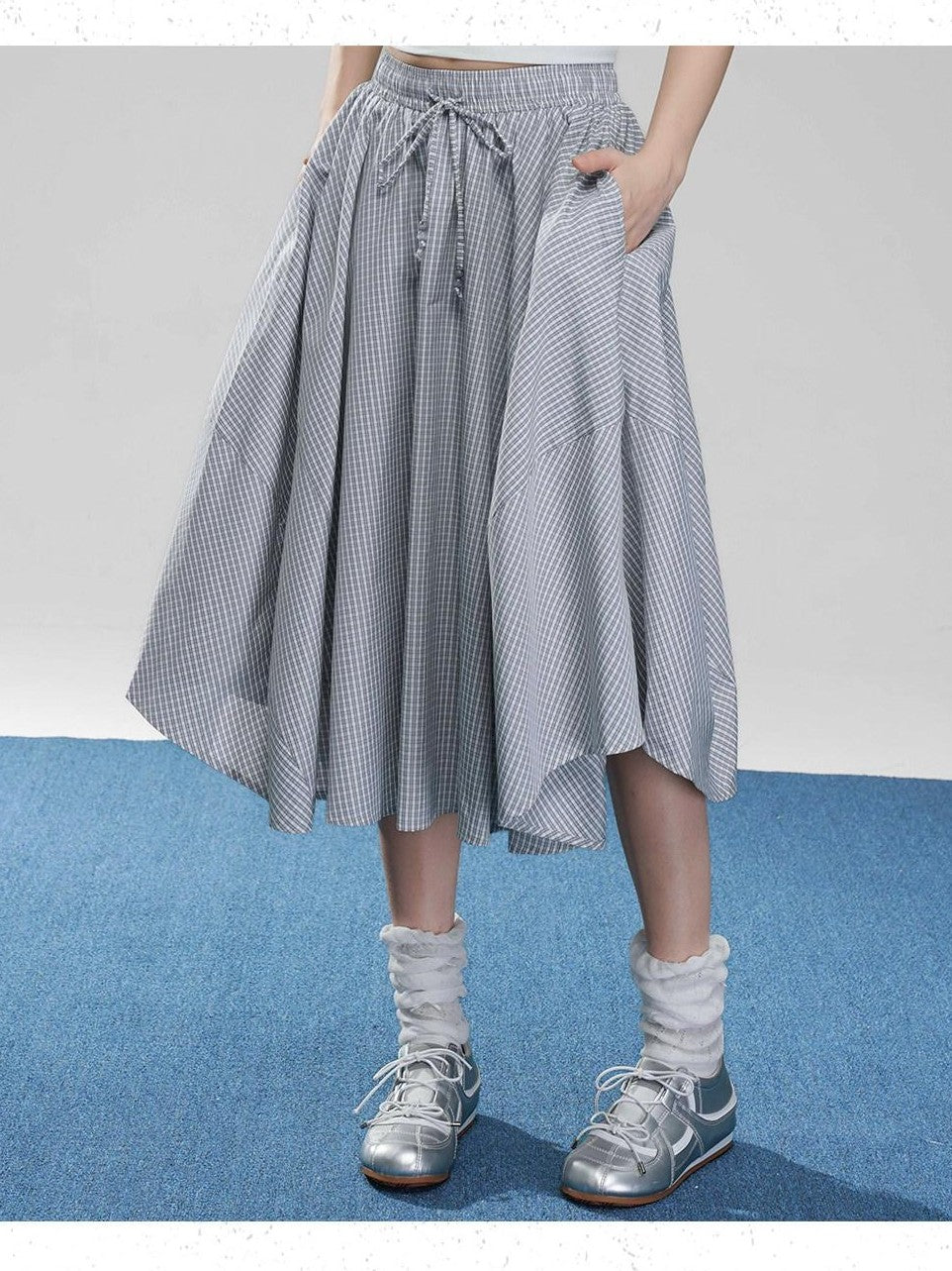 VEEMIX Fog Blue Fine Check A Line High Waist Elastic Women's Viscose Midi Skirts