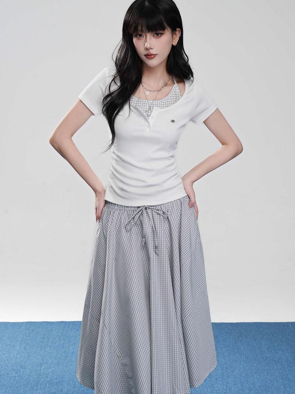 VEEMIX Fog Blue Fine Check A Line High Waist Elastic Women's Viscose Midi Skirts