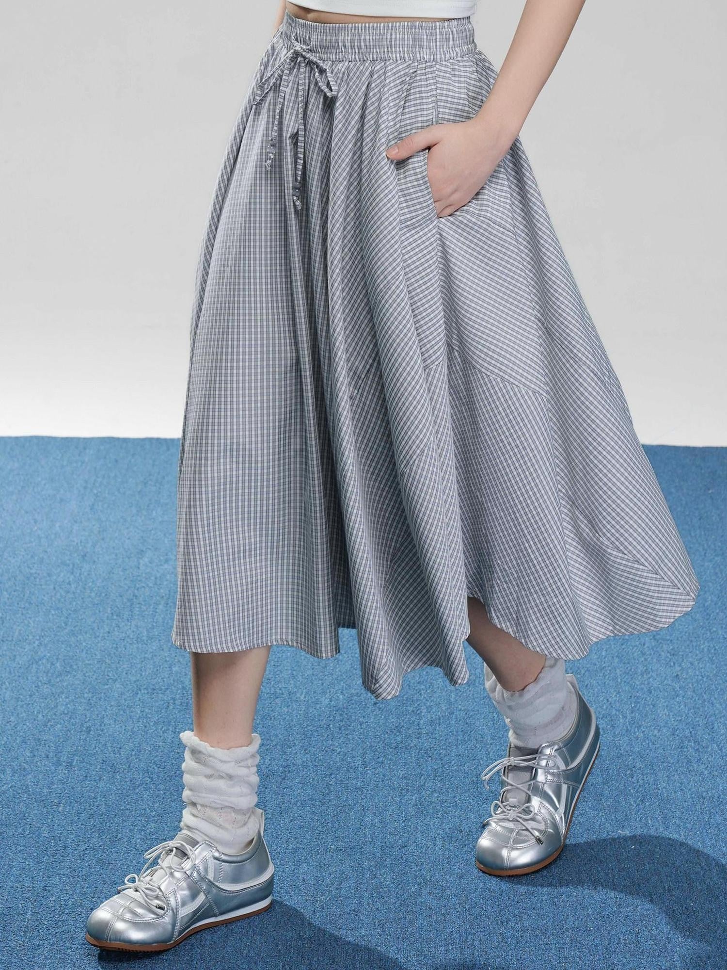 VEEMIX Fog Blue Fine Check A Line High Waist Elastic Women's Viscose Midi Skirts
