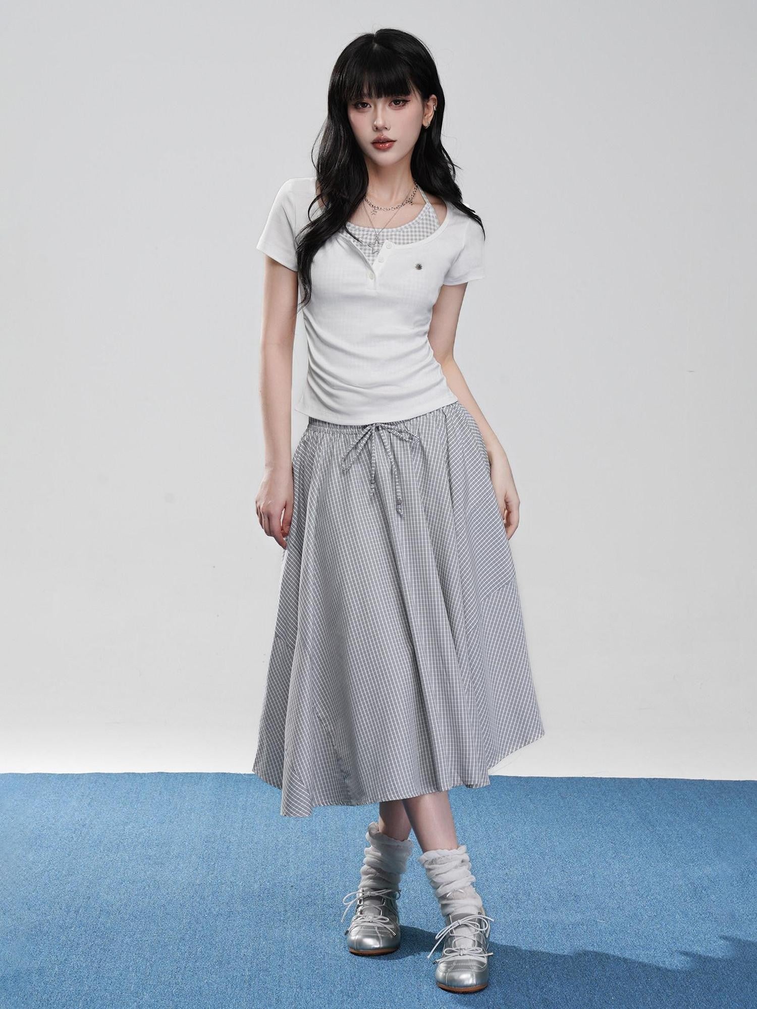 VEEMIX Fog Blue Fine Check A Line High Waist Elastic Women's Viscose Midi Skirts
