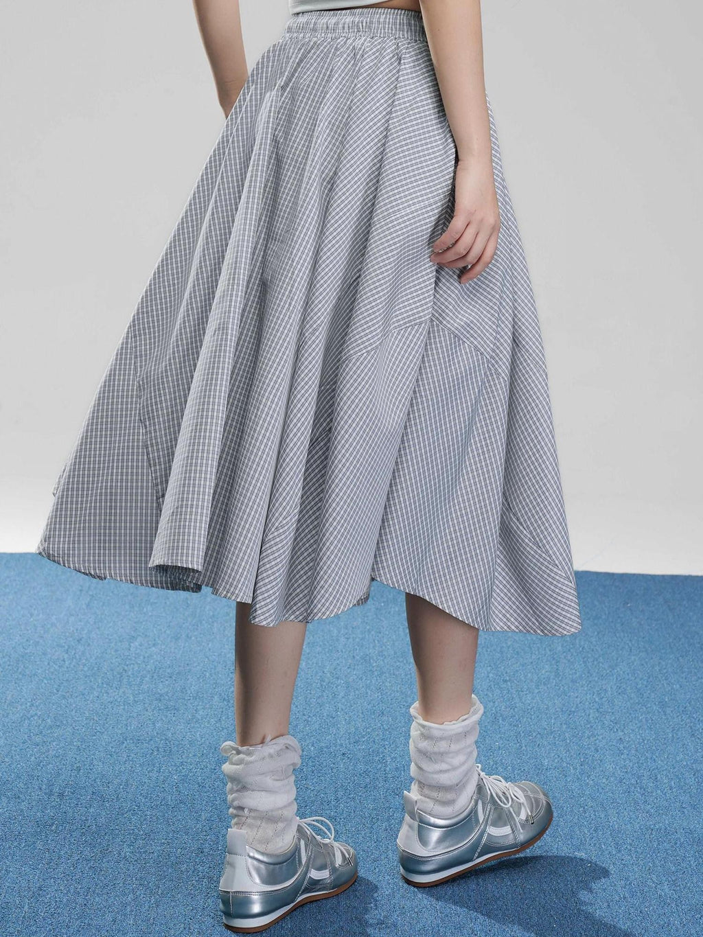 VEEMIX Fog Blue Fine Check A Line High Waist Elastic Women's Viscose Midi Skirts