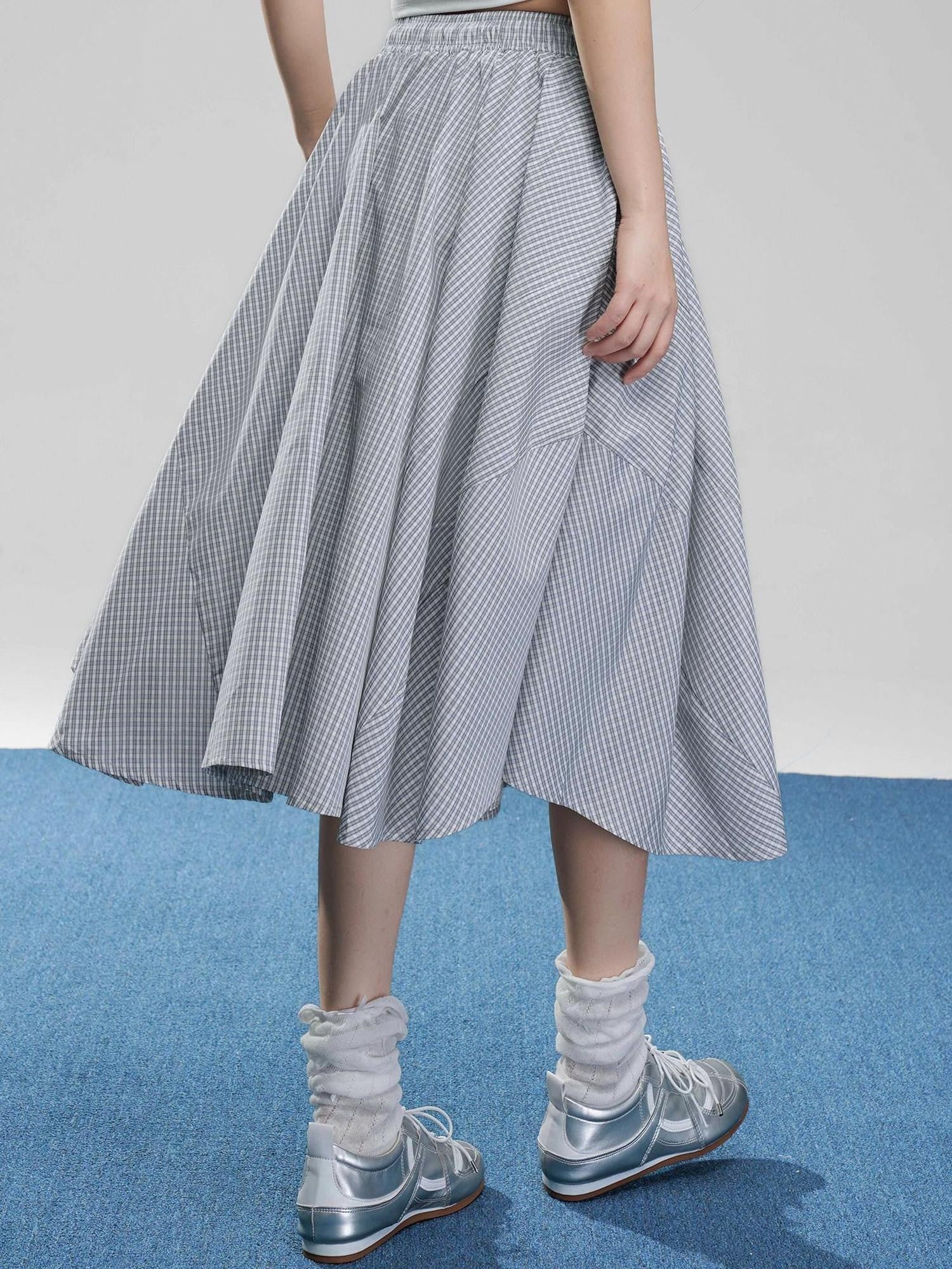 VEEMIX Fog Blue Fine Check A Line High Waist Elastic Women's Viscose Midi Skirts