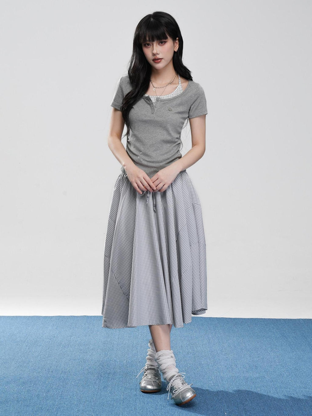 VEEMIX Fog Blue Fine Check A Line High Waist Elastic Women's Viscose Midi Skirts