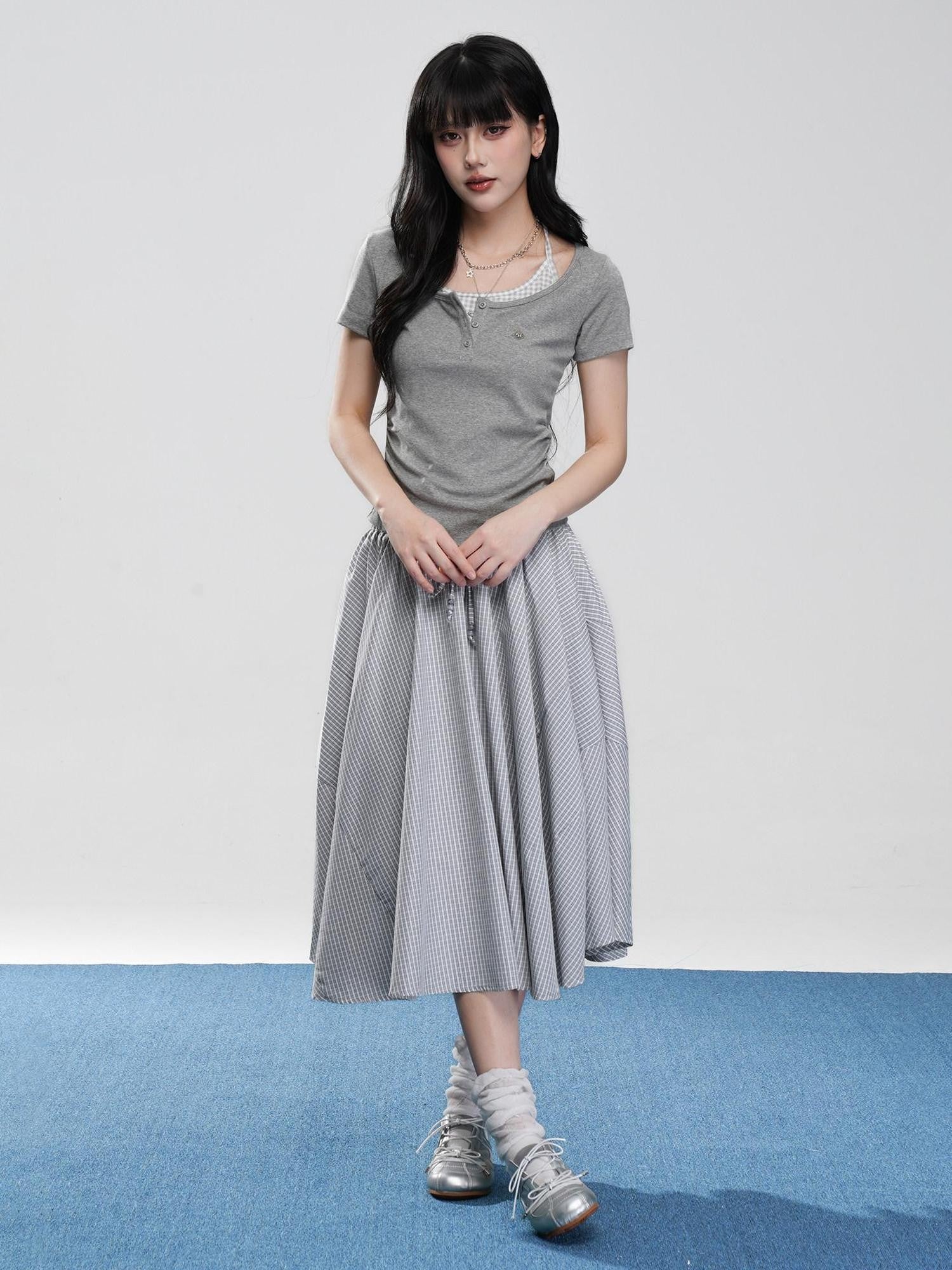 VEEMIX Fog Blue Fine Check A Line High Waist Elastic Women's Viscose Midi Skirts