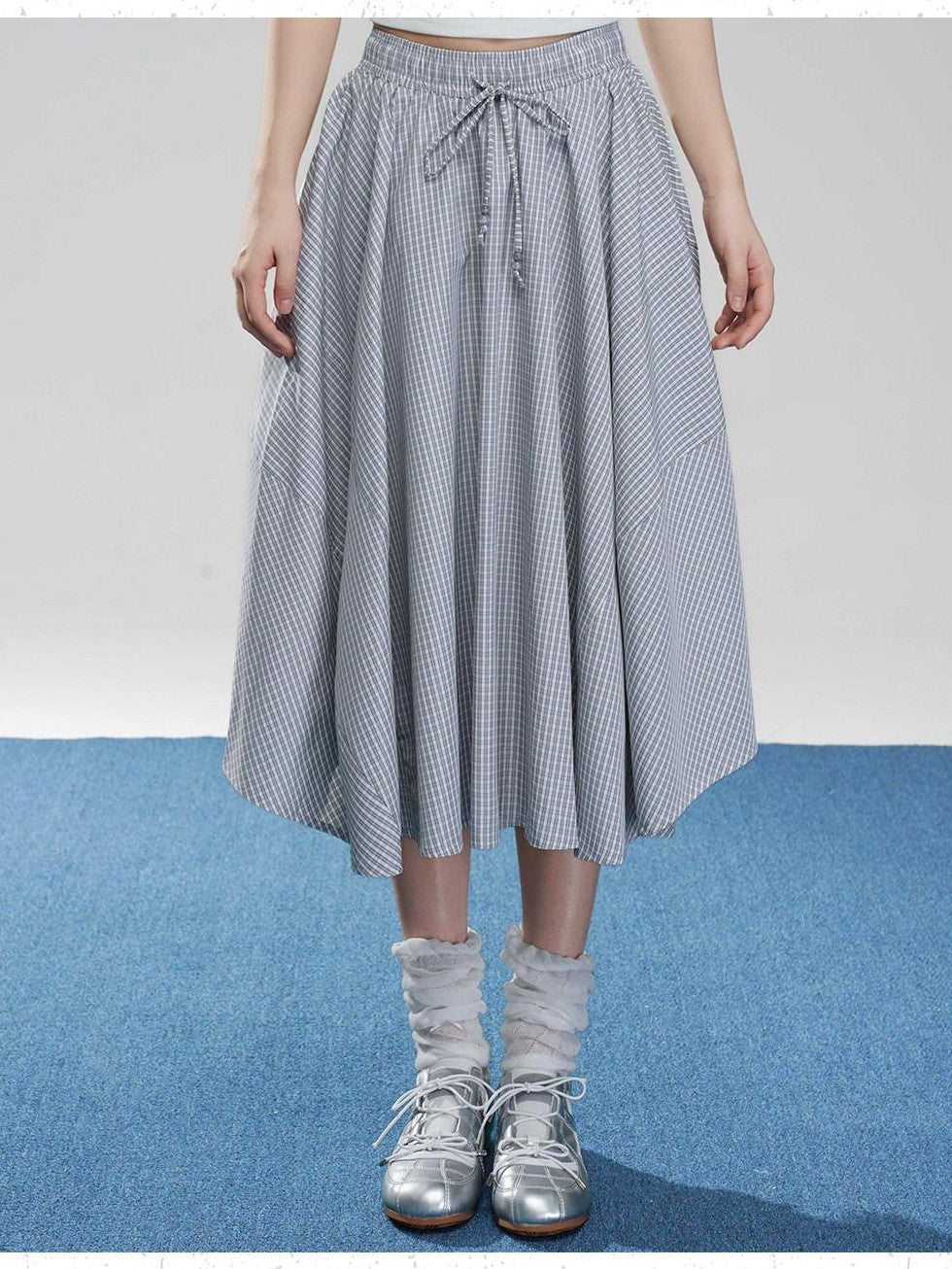 VEEMIX Fog Blue Fine Check A Line High Waist Elastic Women's Viscose Midi Skirts