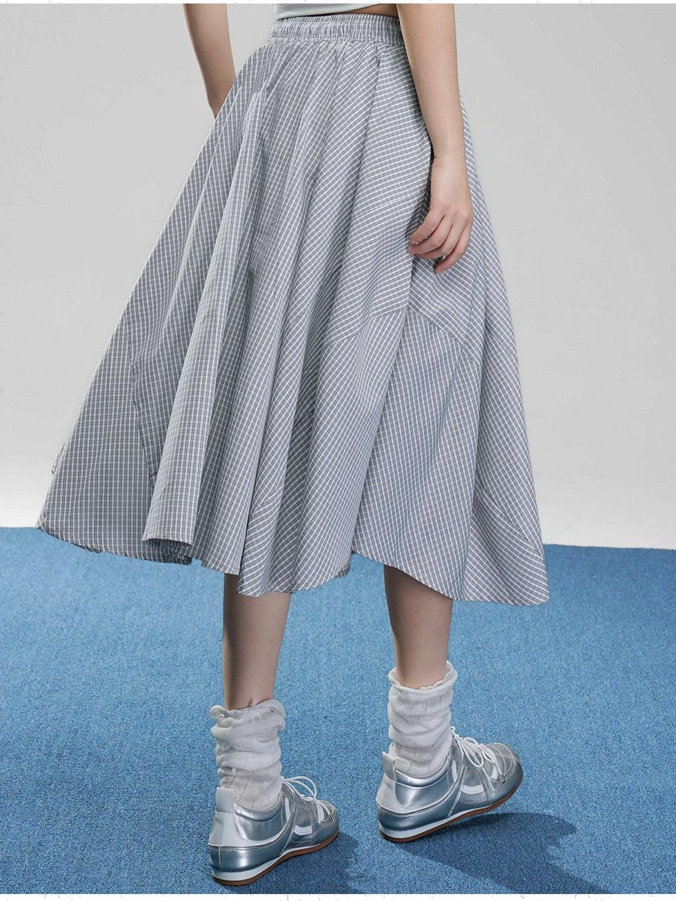 VEEMIX Fog Blue Fine Check A Line High Waist Elastic Women's Viscose Midi Skirts