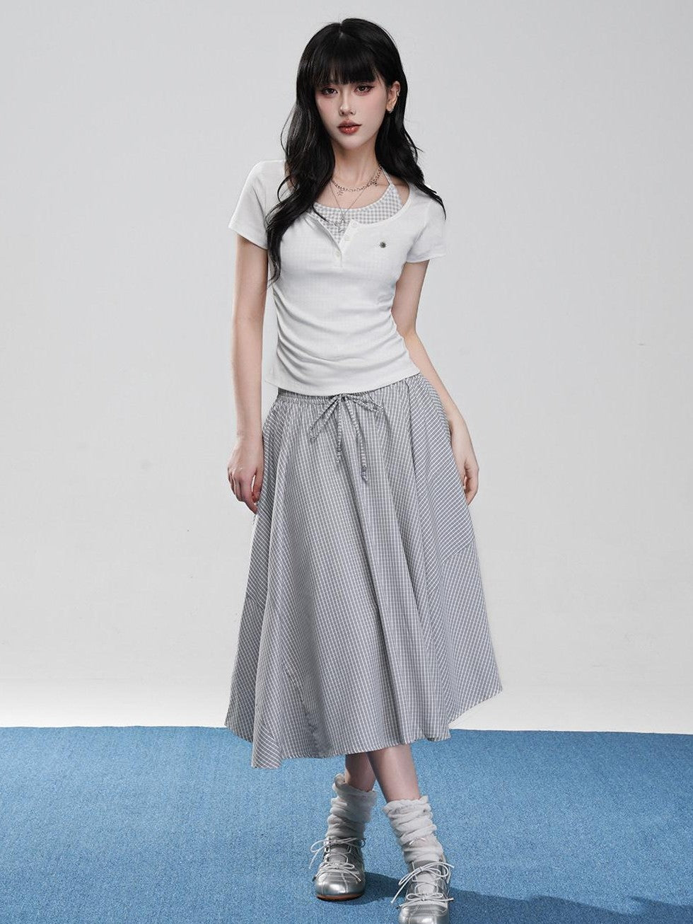 VEEMIX Fog Blue Fine Check A Line High Waist Elastic Women's Viscose Midi Skirts