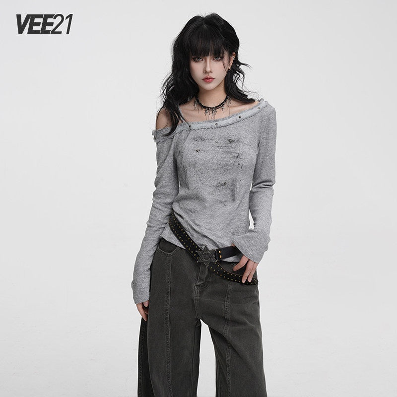 VEEMIX_Frayed_Hem_One_Shoulder_Studded_Hand_Painted_Women's_Long_Sleeve_T-shirts_979575439131_MISSTT