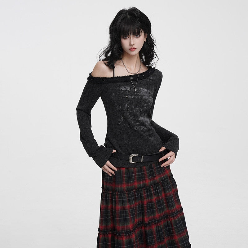 VEEMIX_Frayed_Hem_One_Shoulder_Studded_Hand_Painted_Women's_Long_Sleeve_T-shirts_979575439131_MISSTT